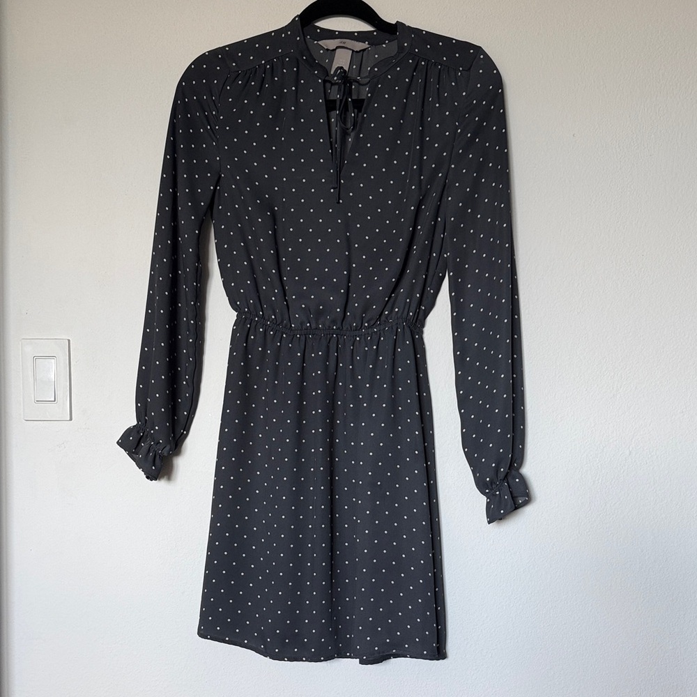 H&M Gray Long-Sleeve Polka Dot Tie-Neck Dress